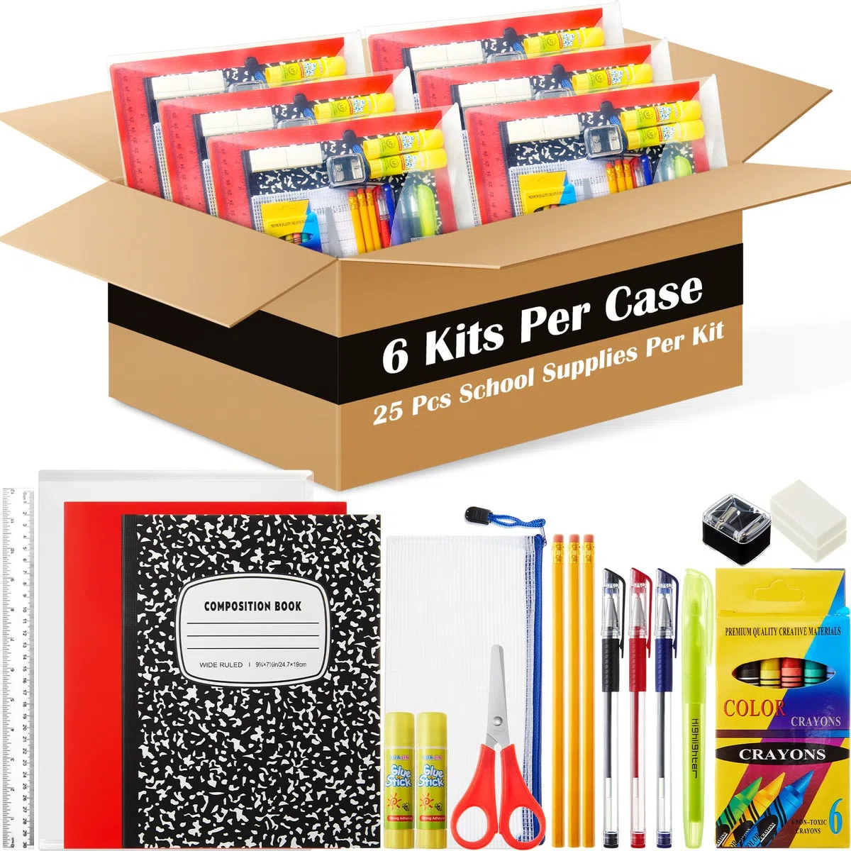 AmazingSpark Lot de 6 kits de fournitures pour la rentrée scolaire pour les élèves de 7 à 12e année - Fournitures de rentrée scolaire comprenant dossier, surligneurs, crayons, cahiers, ciseaux et plus