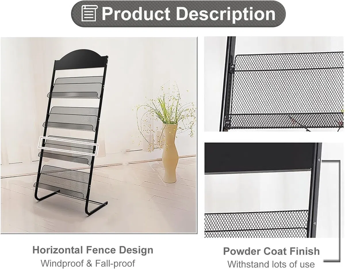Porte-revues sur Pied Porte-revues sur Pied Présentoir à brochures en Maille métallique à 4 Poches Présentoir à usages Multiples (Une Couleur)