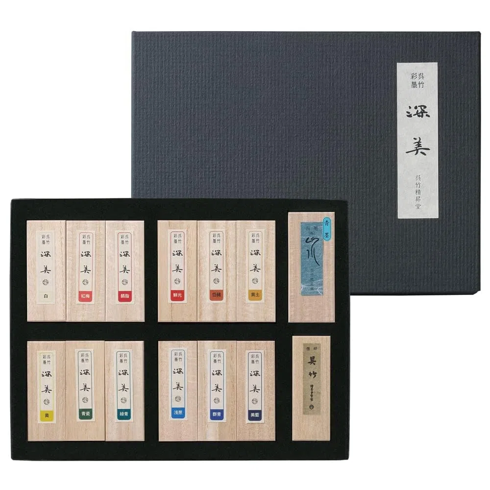 KURETAKE SAIBOKU Shimbi Lot de 12 bâtons d'encre Sumi noirs pour calligraphie traditionnelle japonaise et peinture qualité professionnelle pour lettrage dessin signature certifiée AP fabriqué au Japon